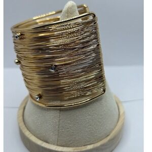 Gold Tone Wide Wire Cuff Bracelet Rhinestone Open Statement Bangle Boho Sparkly